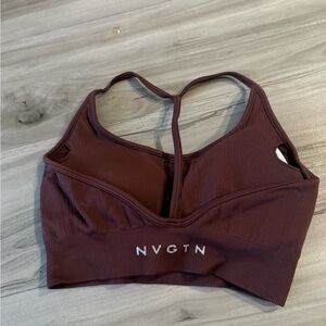 NVGTN Women's Ribbed T-Back Sports Bra in Burgundy with inserted pads. Size: S